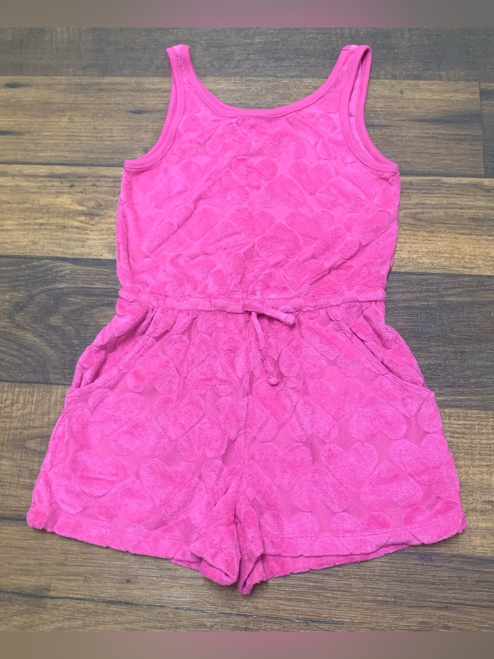Girl's Old Navy Textured Pink Terry Cloth Romper Outfit Small 6-7, Pockets Beach